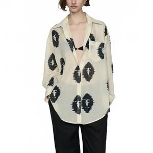 Mango Semi-Transparent Printed Shirt Brandy Ecru Tan NWT Size 8/Large